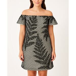 Hutch Off the Shoulder Cap Sleeve Dress – Black Mesh Leaf Overlay Size 6